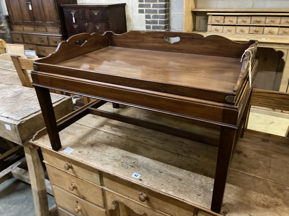 A Victorian rectangular mahogany butlers tray on later stand, width 79cm depth 53cm height 48cm